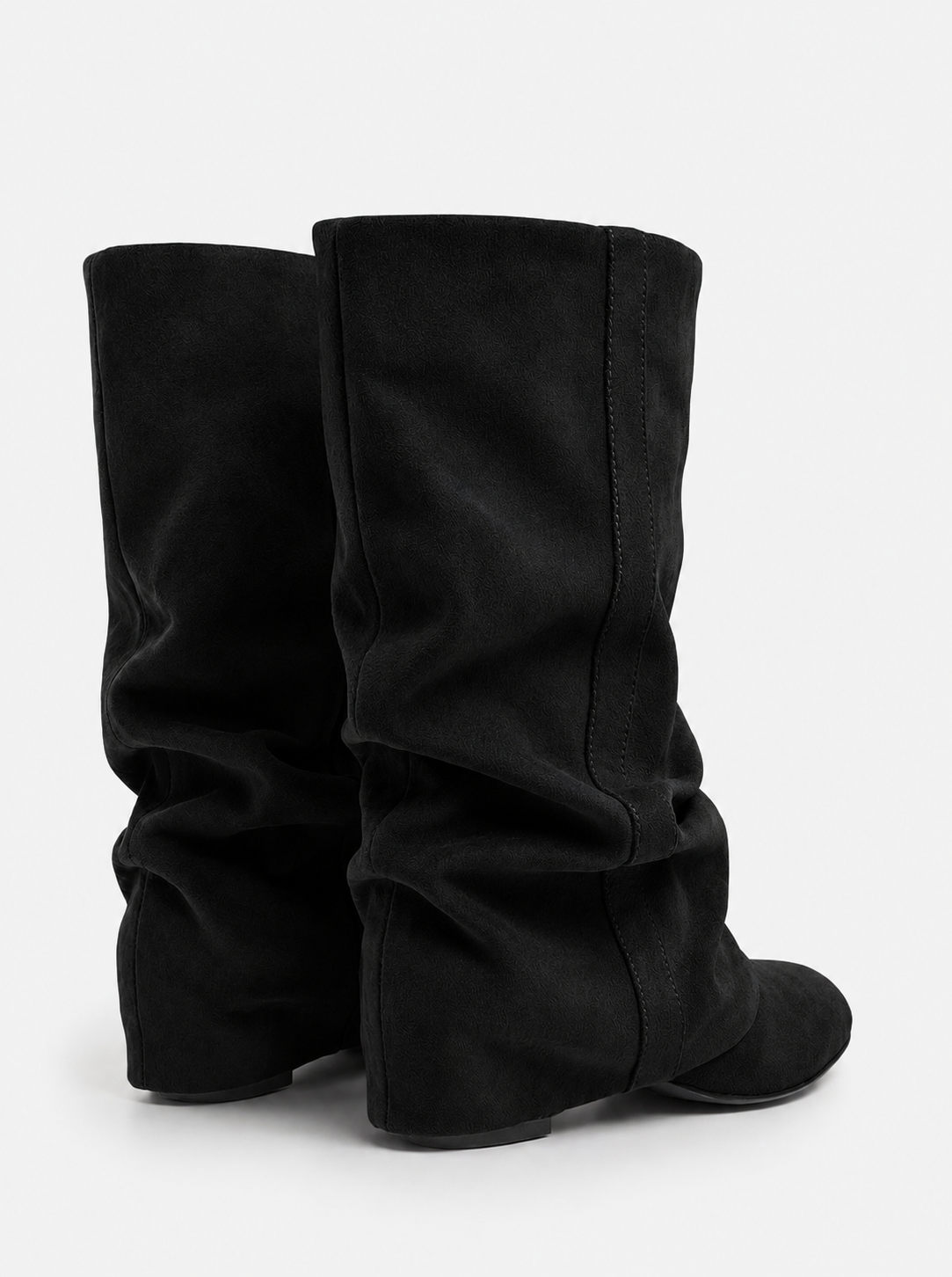 Mescini black slouchy mid calf boots, rear view of the pair with folds, US sizes
