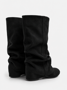 Mescini black slouchy mid calf boots, rear view of the pair with folds, US sizes