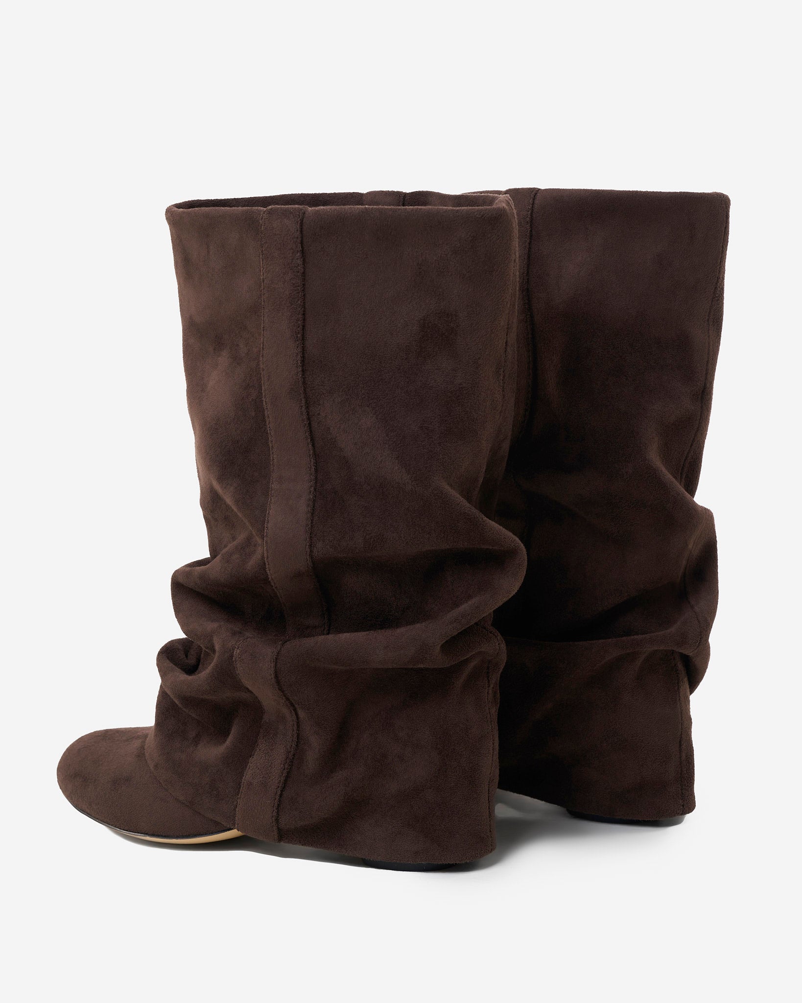 Mescini dark chocolate slouchy mid calf boots, rear view of the pair with folds, US sizes