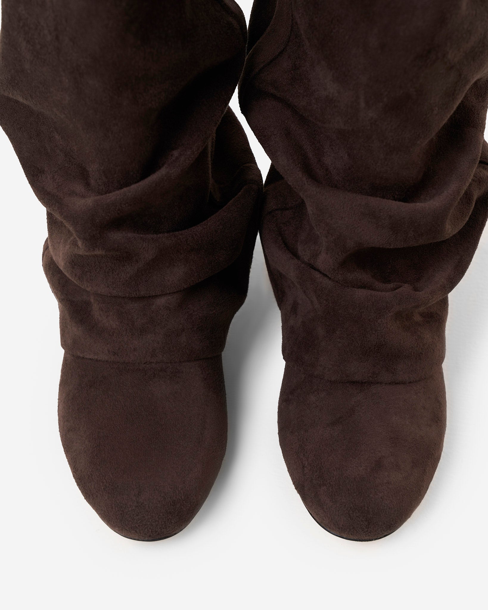 Mescini dark chocolate slouchy mid calf boots, rounded toes seen from above, US sizes