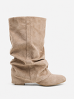 Mescini beige slouchy mid calf boots, full side view of the ruched shaft, US sizes
