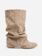 Mescini beige slouchy mid calf boots, full side view of the ruched shaft, US sizes