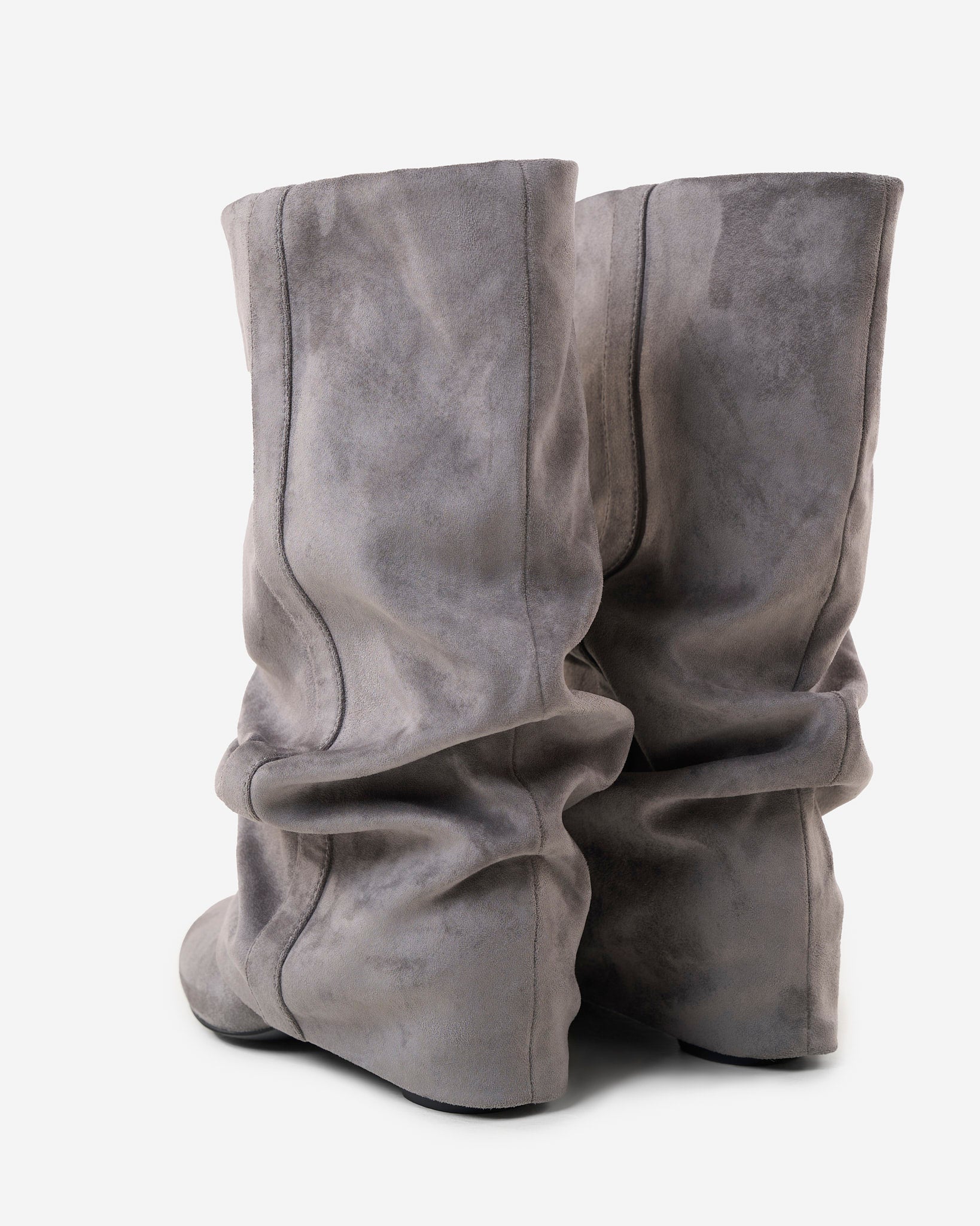 Mescini grey slouchy mid calf boots, rear view of the pair with folds, US size guide
