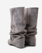 Mescini grey slouchy mid calf boots, rear view of the pair with folds, US size guide