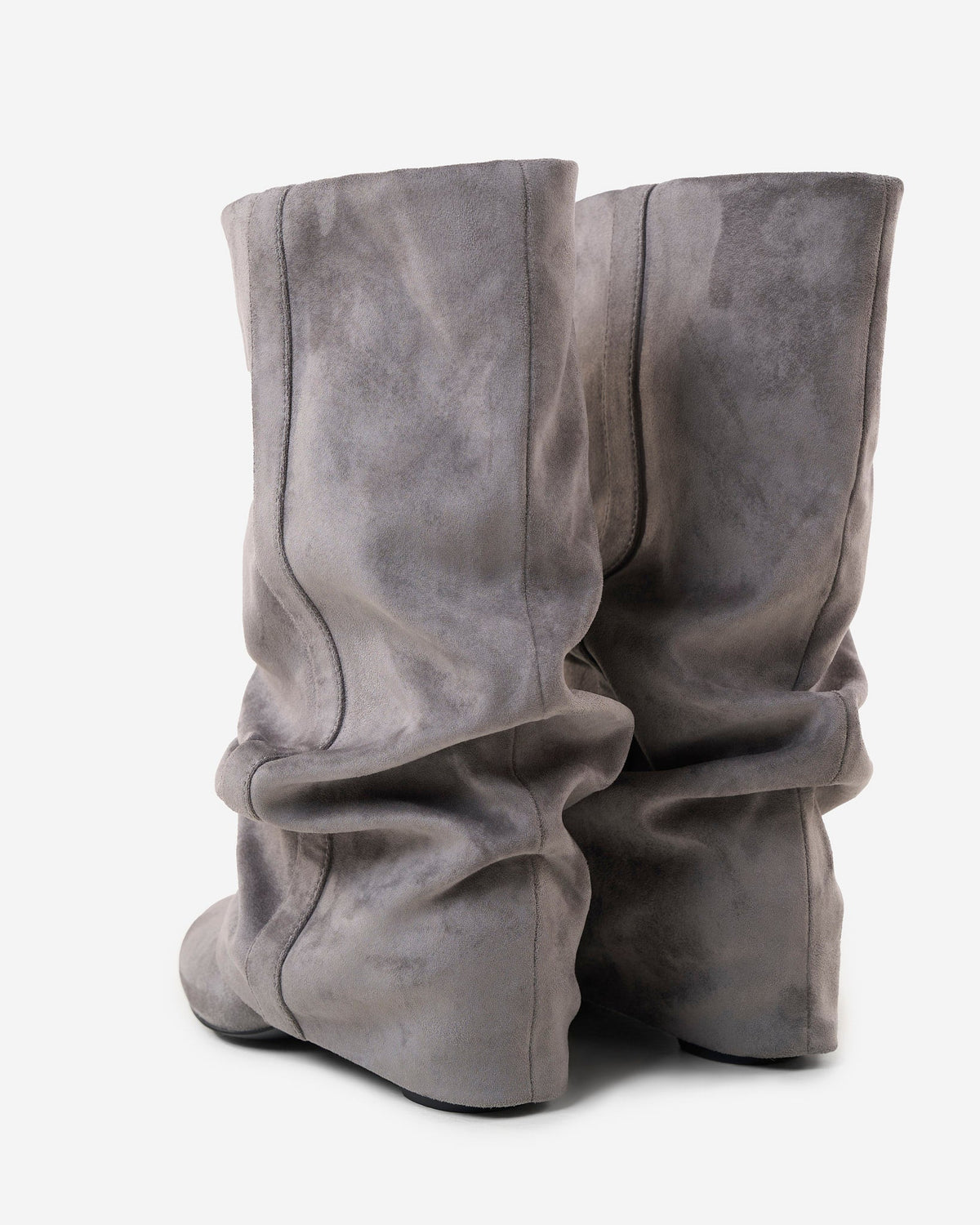 Mescini grey slouchy mid calf boots, rear view of the pair with folds, US size guide