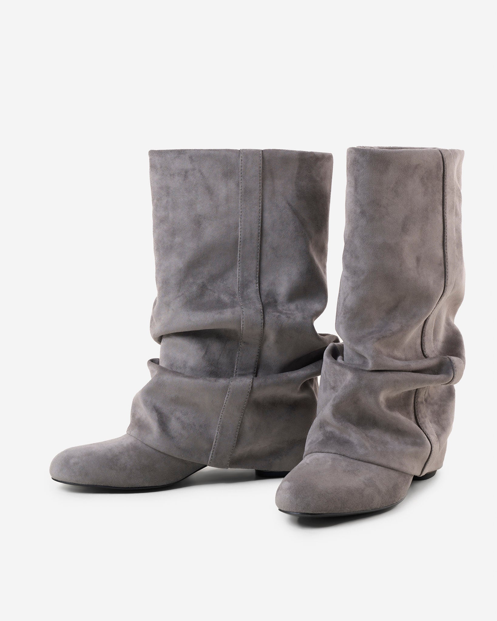 Mescini grey slouchy mid calf boots, angled pair view on a pale floor, US size guide