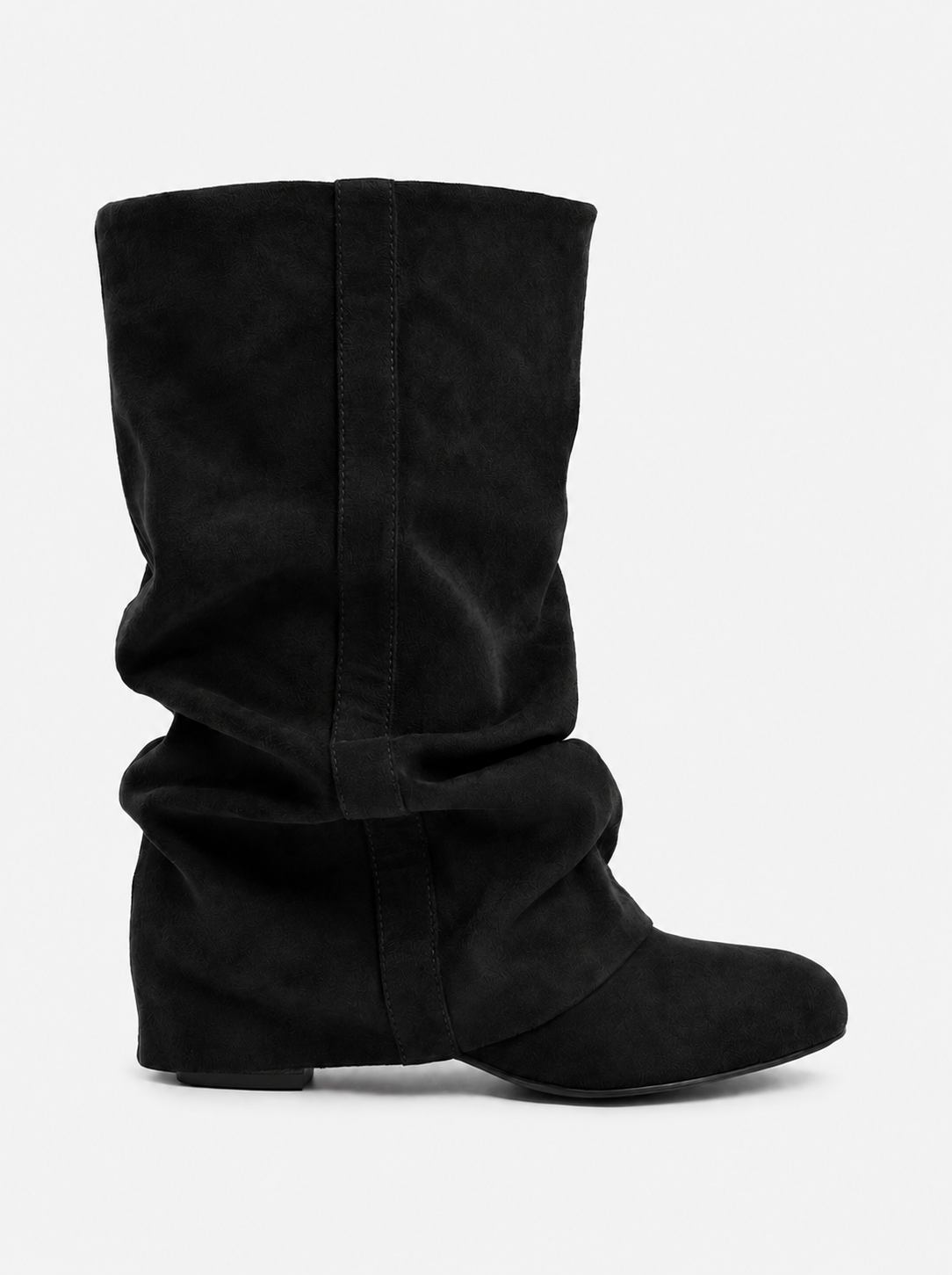 Mescini black slouchy mid calf boots, full side view of the ruched shaft, US sizes