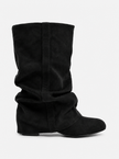 Mescini black slouchy mid calf boots, full side view of the ruched shaft, US sizes
