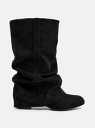 Mescini black slouchy mid calf boots, full side view of the ruched shaft, US sizes