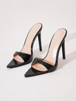 Mescini black croc embossed pointed stiletto mules, the pair angled on a pale grey backdrop, US women's sizes