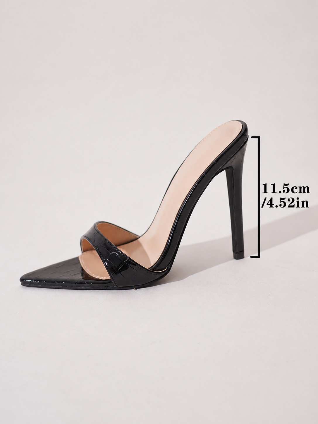 Mescini black croc embossed pointed stiletto mules, one shoe with the 11.5 cm height marked, US women's sizes