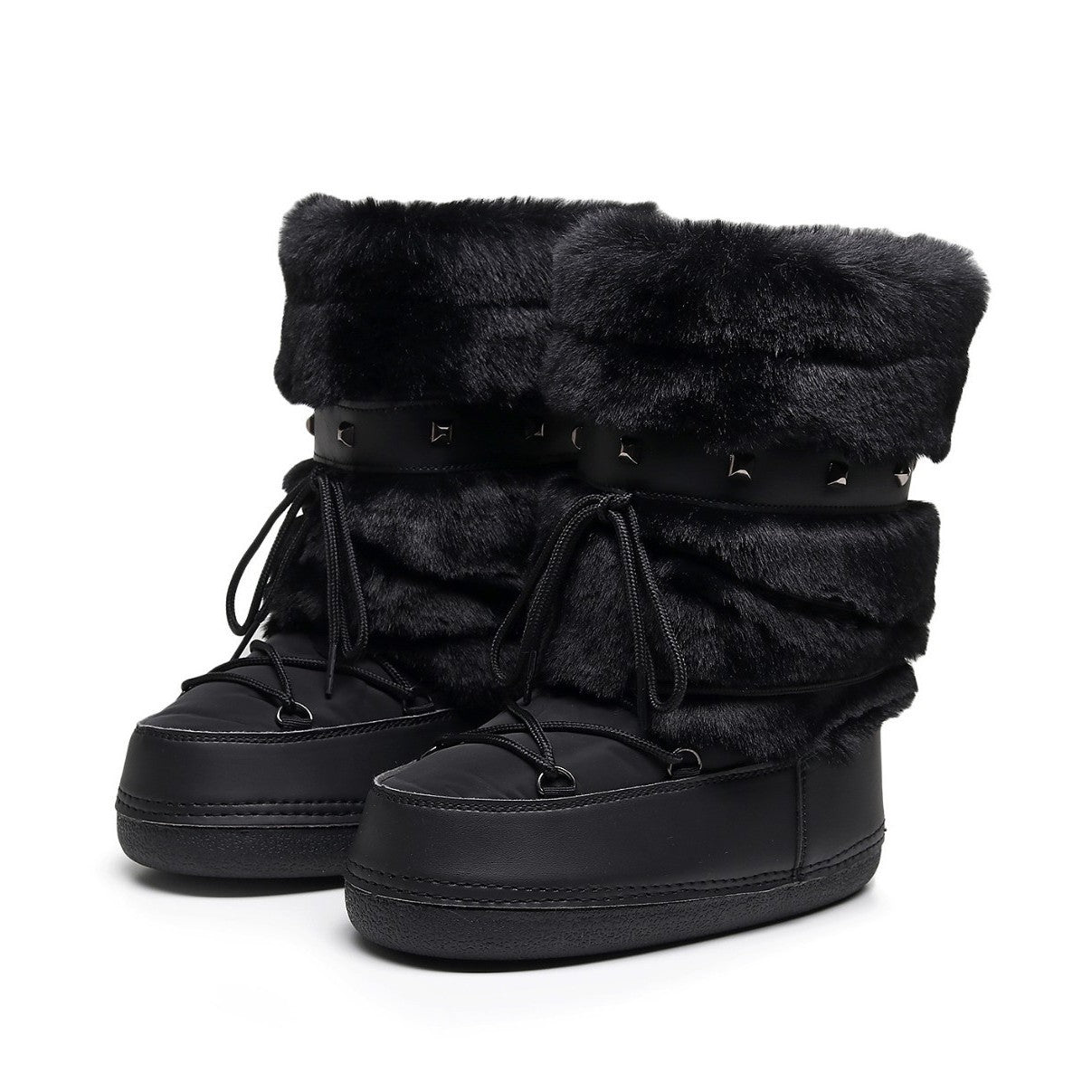 Mescini - black faux fur snow boots with studded strap, angled pair view, US women's sizes