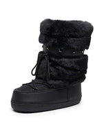 Mescini black faux fur studded platform snow boots, single shoe seen from the side, US women's sizes