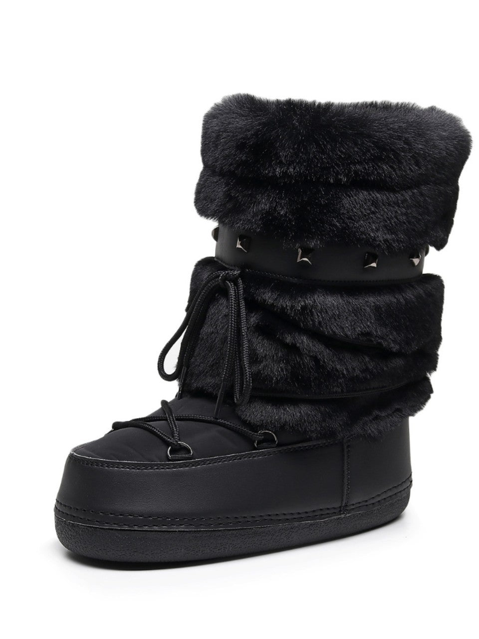 Mescini black faux fur studded platform snow boots, single shoe seen from the side, US women's sizes