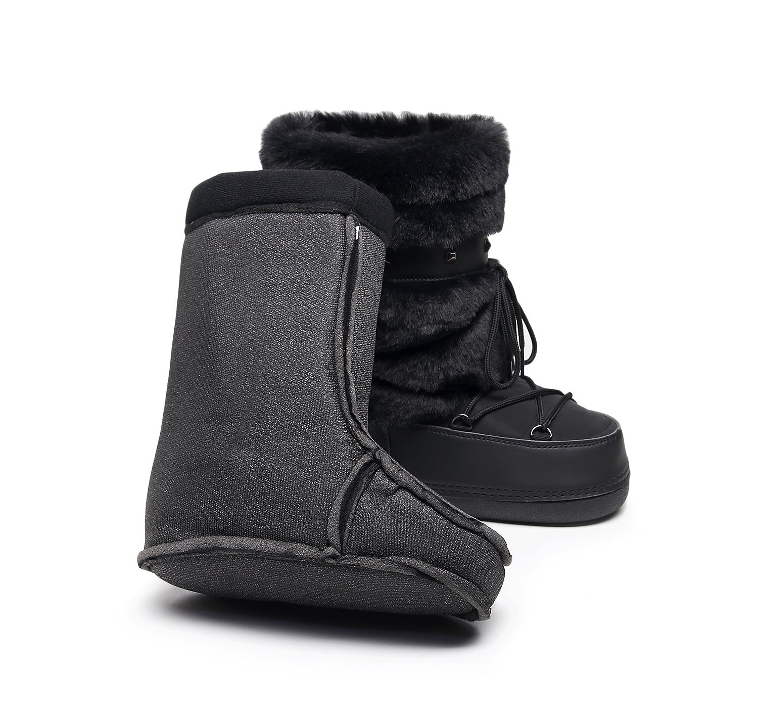 Mescini black faux fur studded platform snow boots, seen from behind with grey panel, US women's sizes