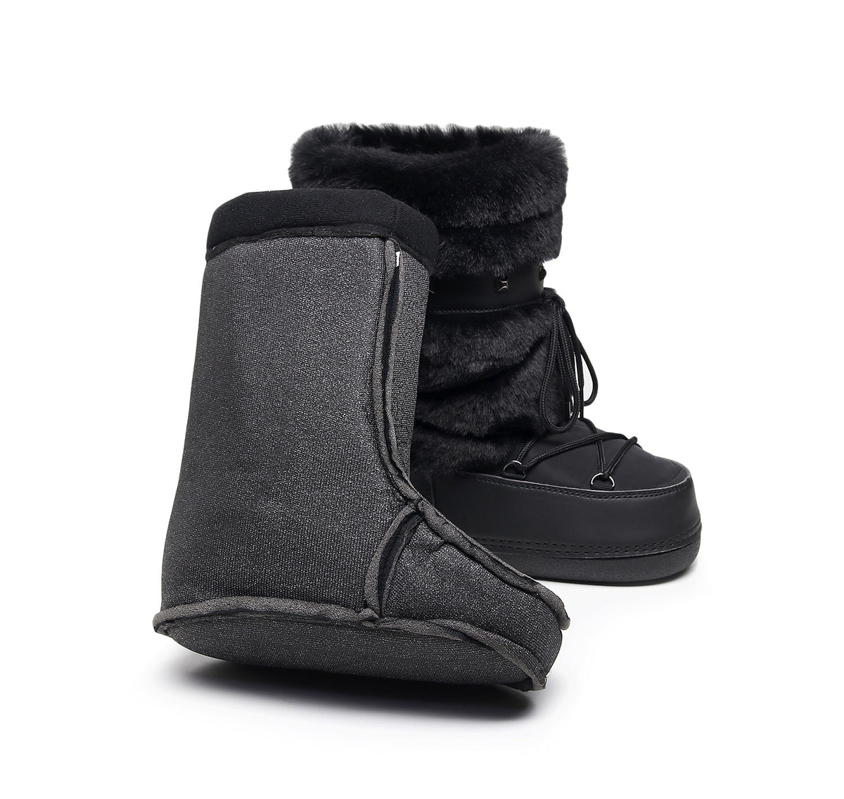Mescini black faux fur studded platform snow boots, seen from behind with grey panel, US women's sizes