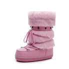 Mescini - pink faux fur snow boot with studded strap, single side view, US women's sizes