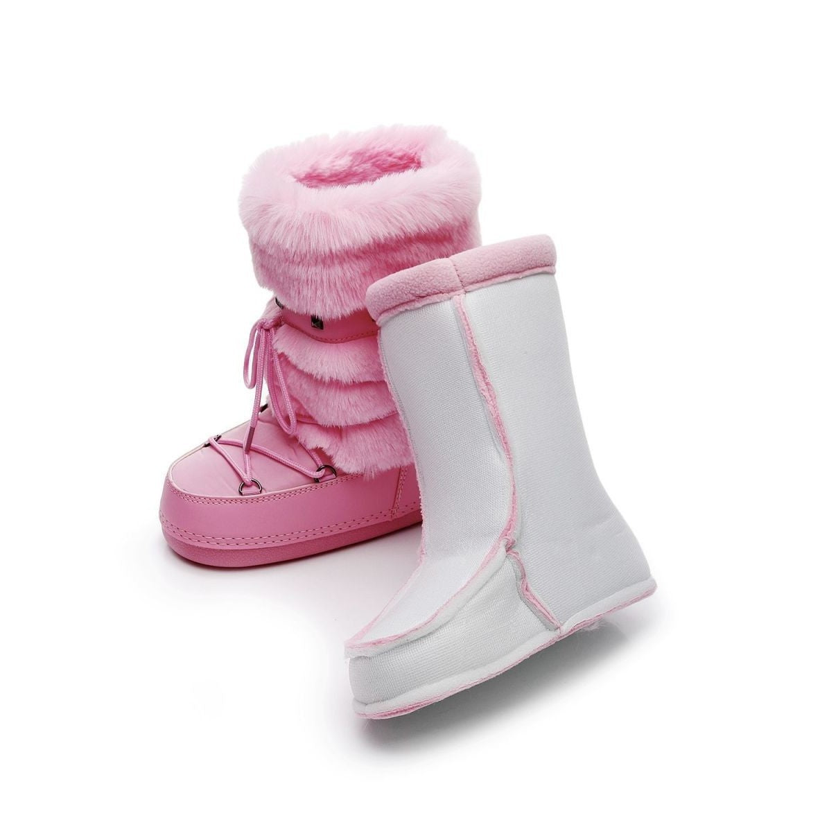 Mescini - pink snow boot beside its removable white fleece liner, US women's sizes