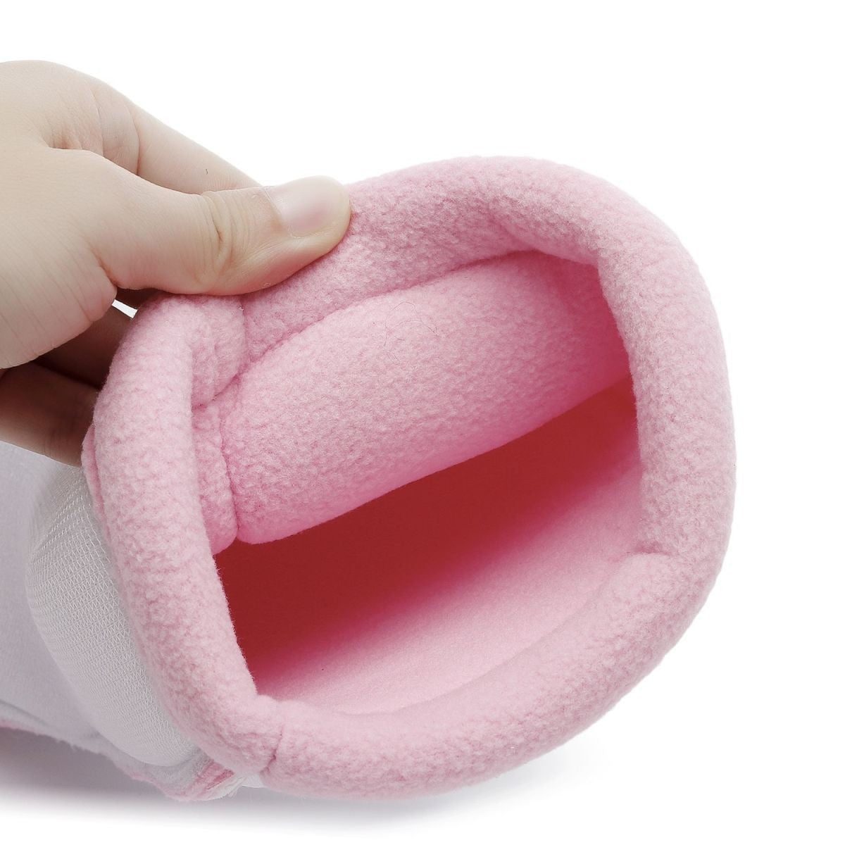 Mescini - pink snow boot shaft held open to show the fleece lining, US women's sizes