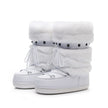Mescini - white faux fur snow boots with studded strap, angled pair view, US women's sizes
