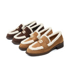 Mescini brown and khaki faux shearling trim loafers shown together as two pairs, US sizes