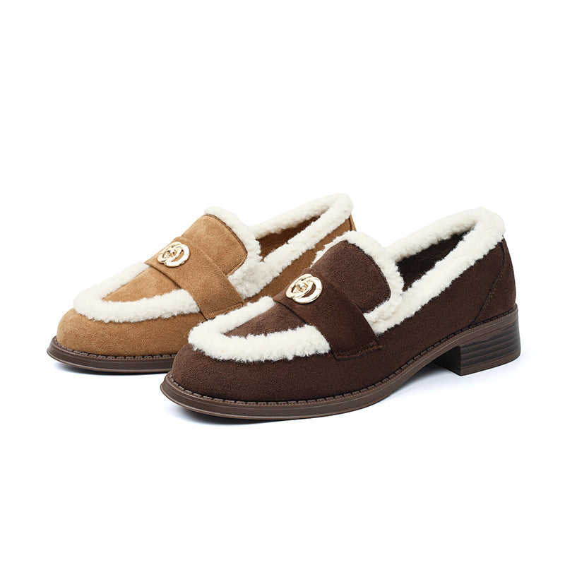 Mescini khaki and brown shearling trim loafers with gold turnlock straps, angled view