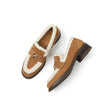 Mescini khaki faux shearling trim loafer pair with gold turnlock, one shoe on its side