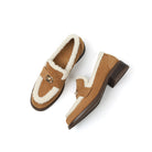 Mescini khaki faux shearling trim loafer pair with gold turnlock, one shoe on its side