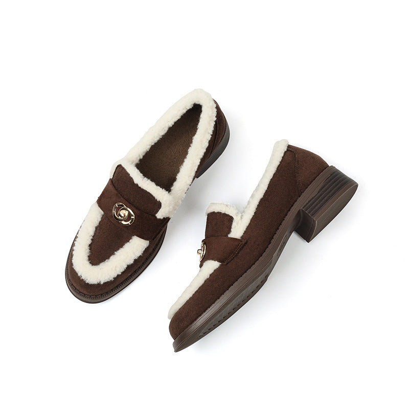 Mescini brown faux shearling trim loafers with gold turnlock strap, angled pair view