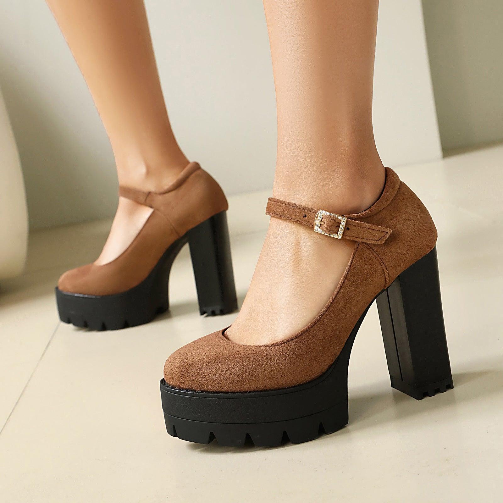 Mescini – tan platform Mary Jane block heel pumps worn, buckle detail, US women's sizes