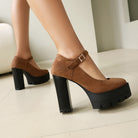 Mescini brown platform Mary Jane block heel pumps worn on both feet, rear view, US women's sizes