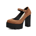 Mescini brown platform Mary Jane block heel pump, single shoe on a white ground, US women's sizes