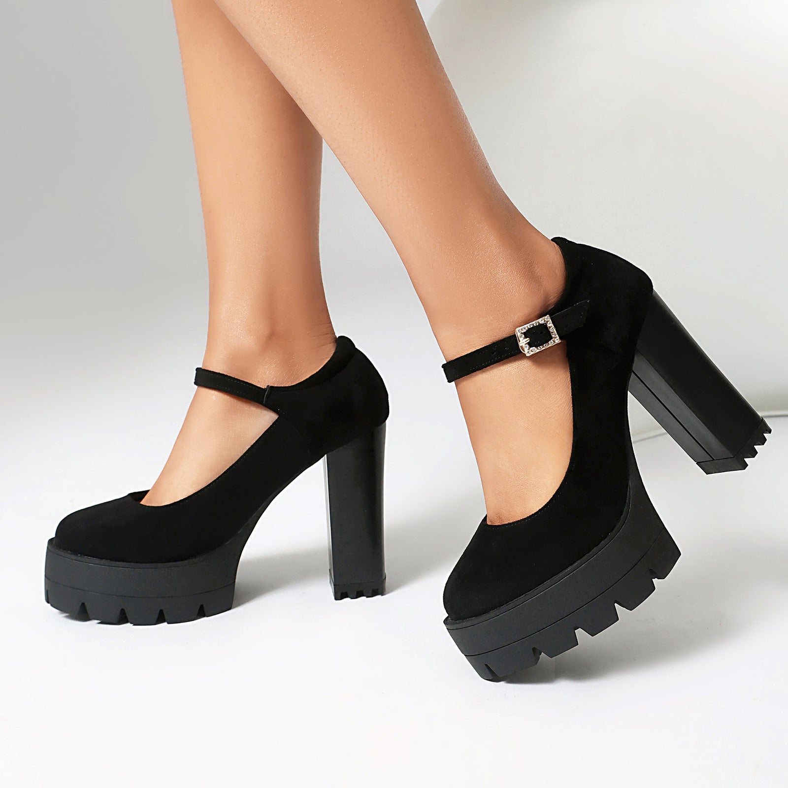Mescini – black Mary Jane platform block heels in motion, side view, US women's sizes