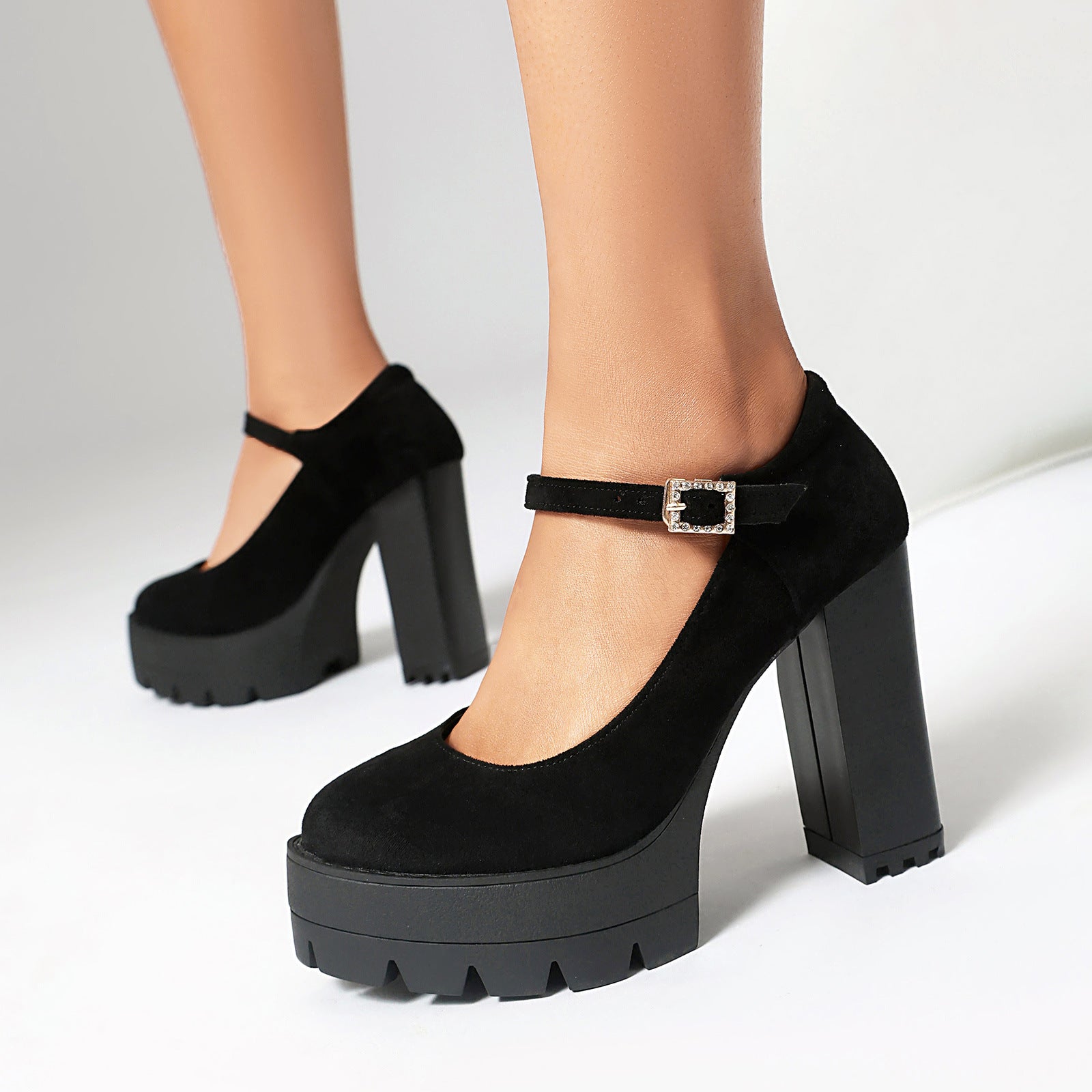 Mescini – black platform Mary Jane heels worn, chunky heel close view, US women's sizes