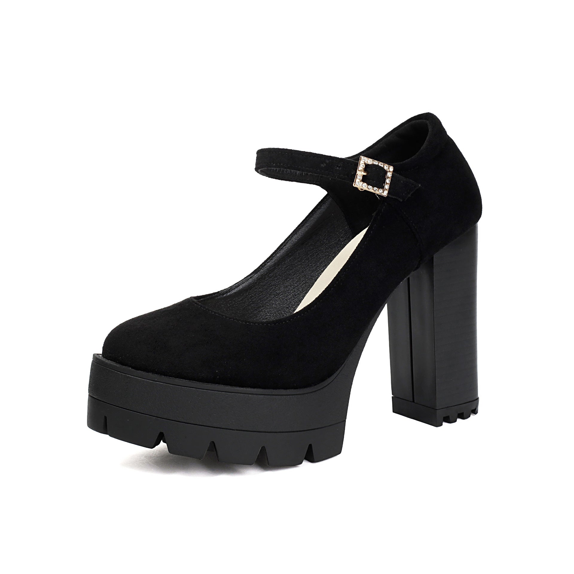 Mescini black platform Mary Jane block heel pump, single shoe with crystal buckle, US women's sizes