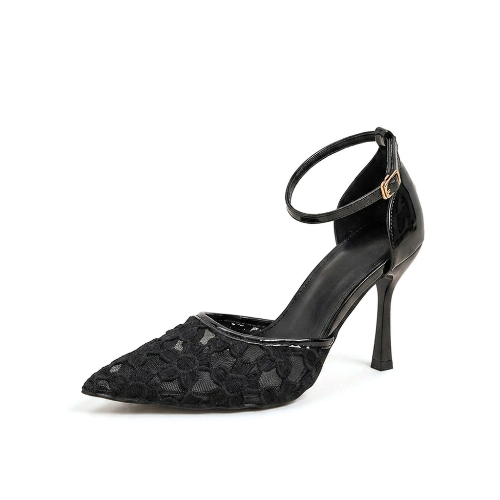 Mescini black floral mesh pump with gold buckle, three quarter studio view, US women's sizes