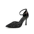 Mescini black floral mesh pump with gold buckle, three quarter studio view, US women's sizes