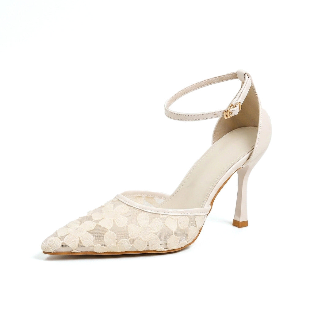 Mescini cream floral mesh pump on a flared stiletto heel, studio view, US women's sizes
