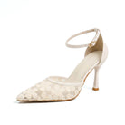 Mescini cream floral mesh pump on a flared stiletto heel, studio view, US women's sizes