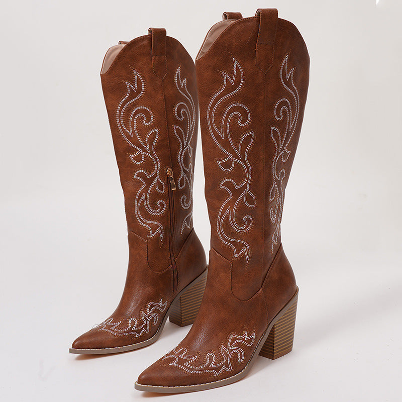 Mescini brown embroidered cowboy boots, front angled pair on white with pull straps up