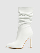 Mescini white slouchy patent mid calf boots, a single upright shot on a grey ground, US women's sizes