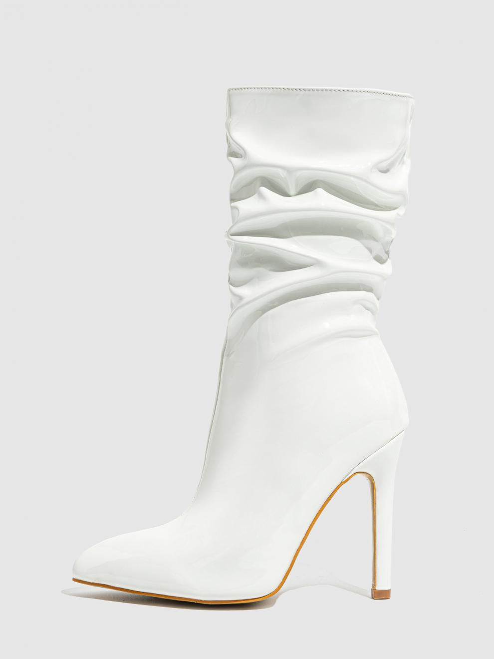 Mescini white slouchy patent mid calf boots, a single upright shot on a grey ground, US women's sizes