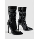 Mescini - black ruched stiletto boots, studio pair seen from the side, US women's sizes