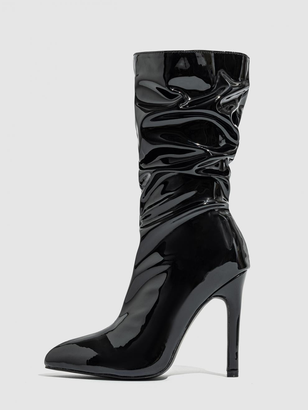 Mescini black slouchy patent mid calf boots, single upright studio shot on grey, US women's sizes