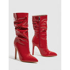 Mescini - red mid calf boots, studio pair view of the pointed toe, US women's sizes