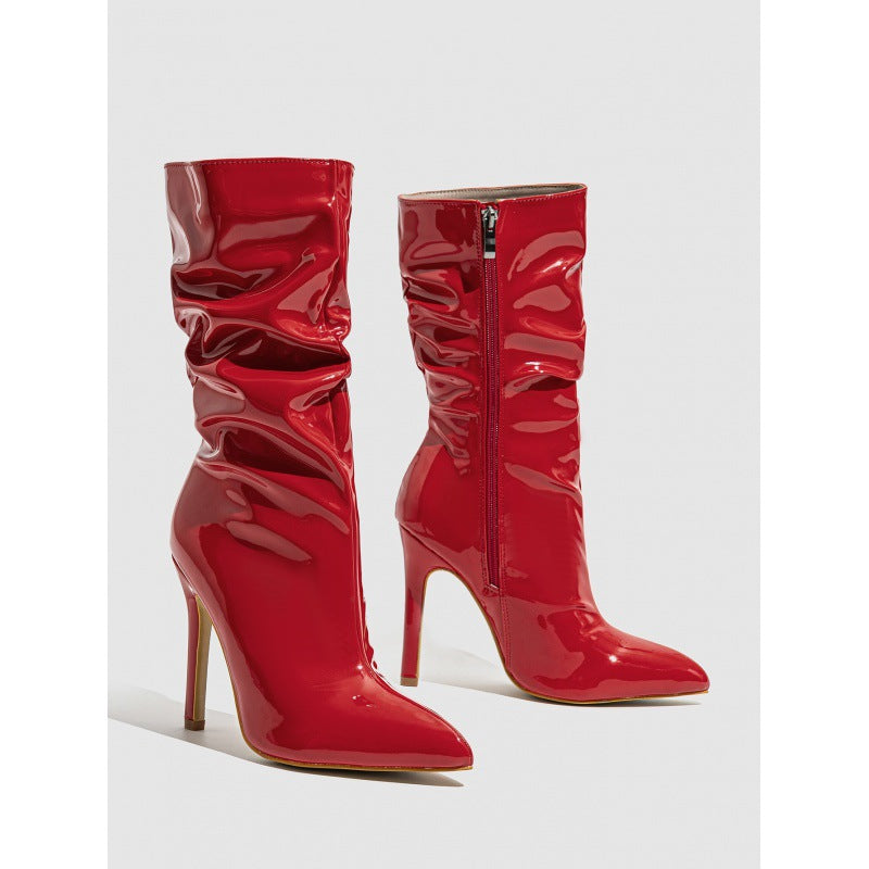 Mescini - red mid calf boots, studio pair view of the pointed toe, US women's sizes