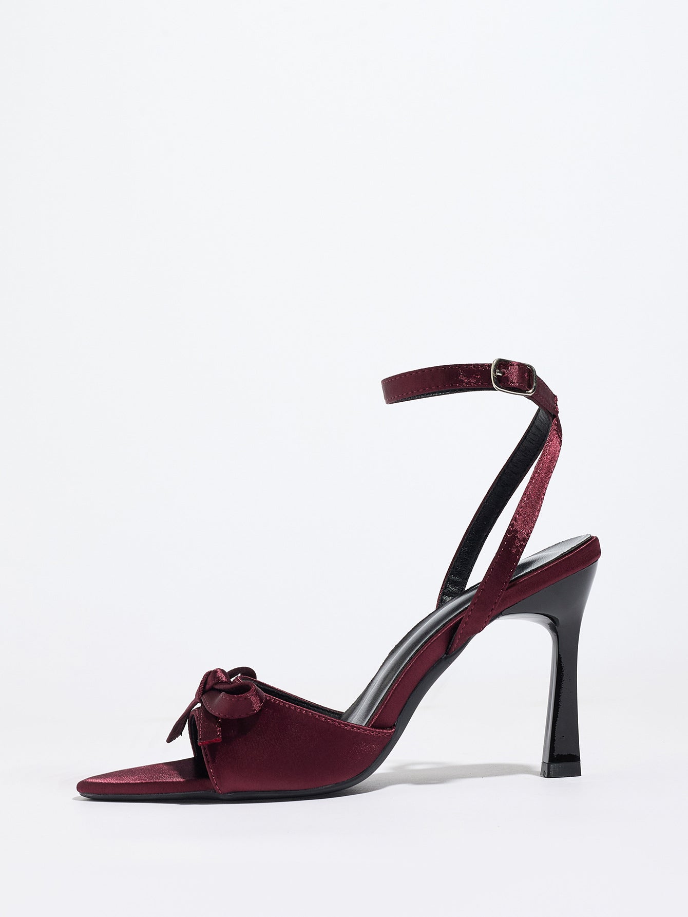 Mescini burgundy satin bow ankle strap sandals, single shoe photographed from the side, US women's sizes