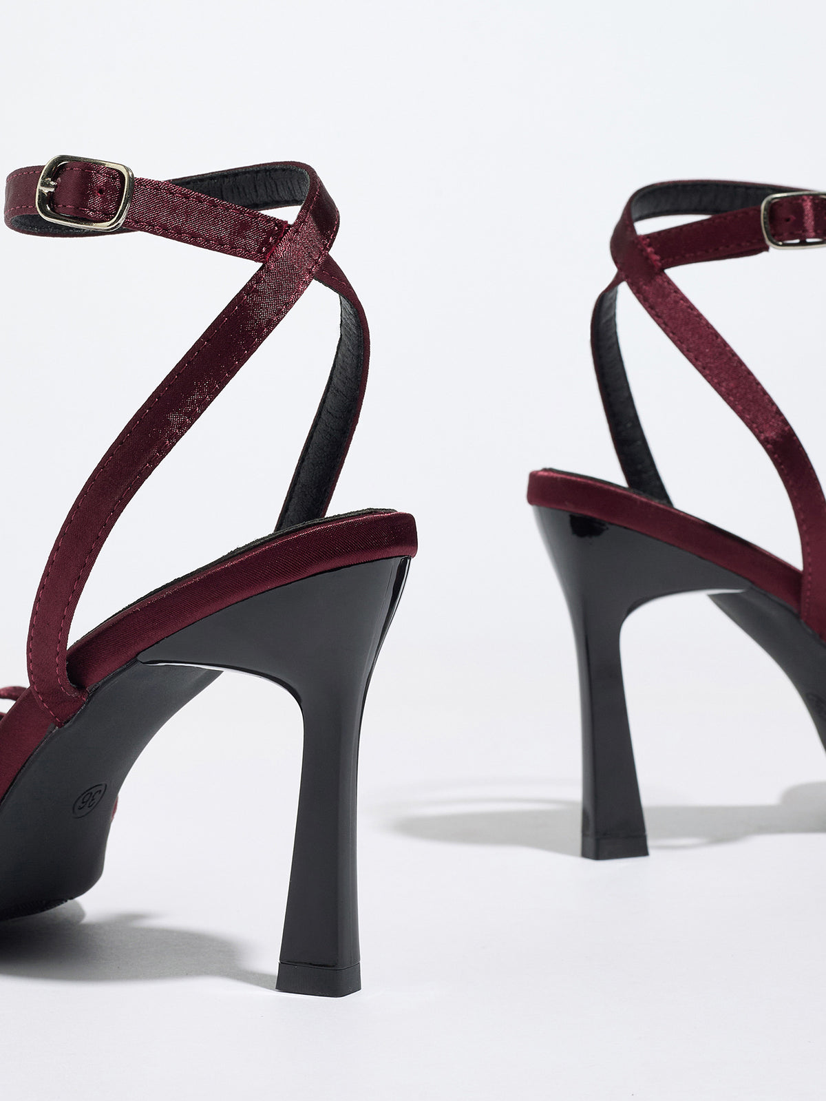 Mescini burgundy satin bow ankle strap sandals, rear view of the pair and the curved heels, US women's sizes
