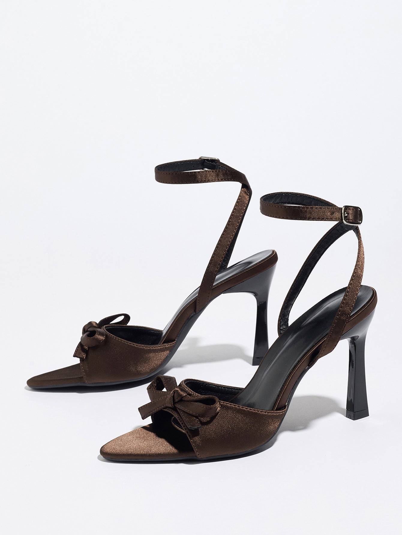 Mescini brown satin bow ankle strap sandals, angled pair against a light background, US women's sizes