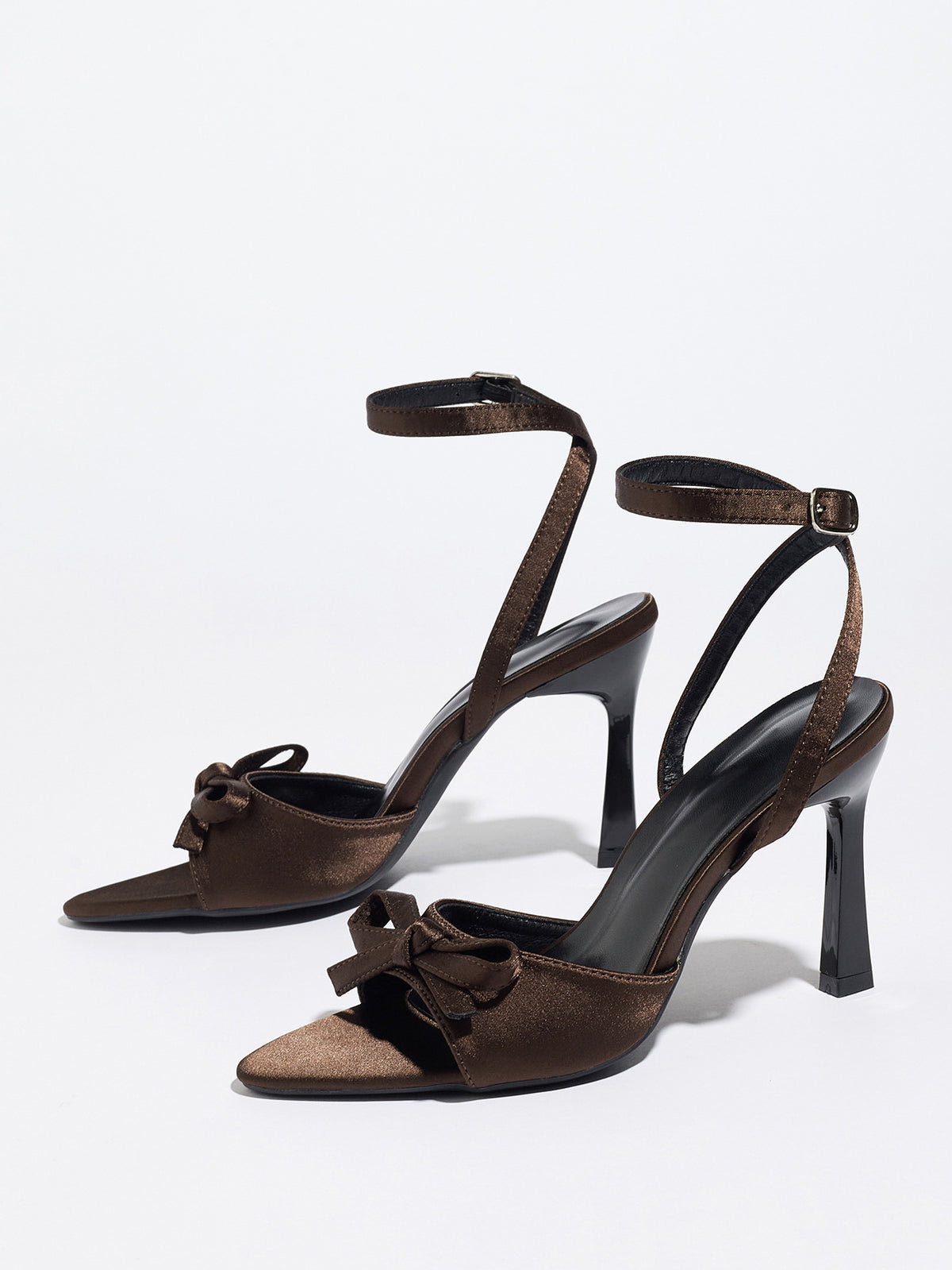 Mescini brown satin bow ankle strap sandals, angled pair against a light background, US women's sizes